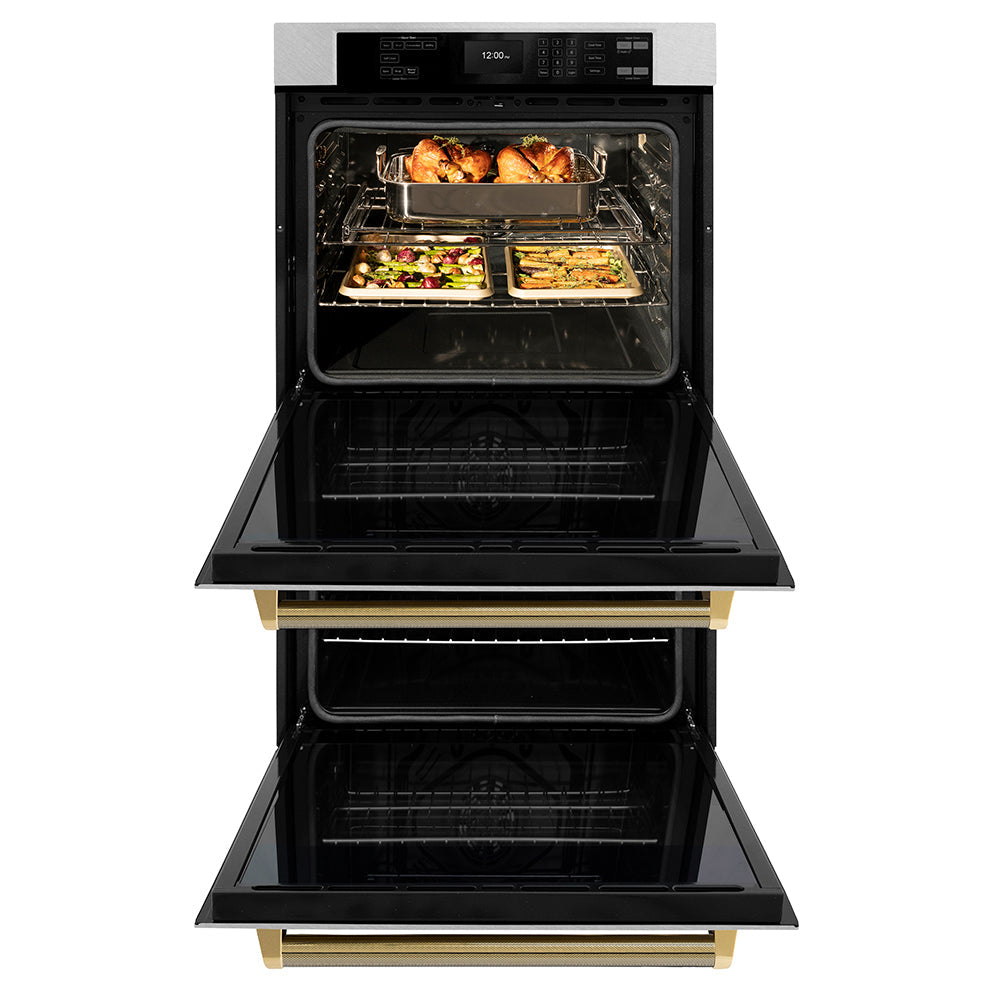 ZLINE Autograph Edition Professional 30-inch wall oven in satin stainless steel and polished gold accents WADSZ-30-KG, front view