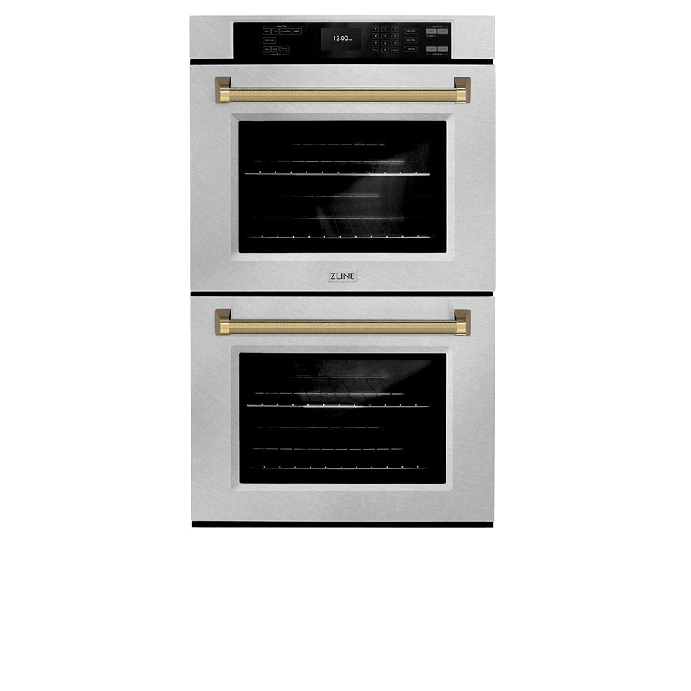 ZLINE Autograph Edition Professional 30-inch wall oven in satin stainless steel and polished gold accents WADSZ-30-KG, front view