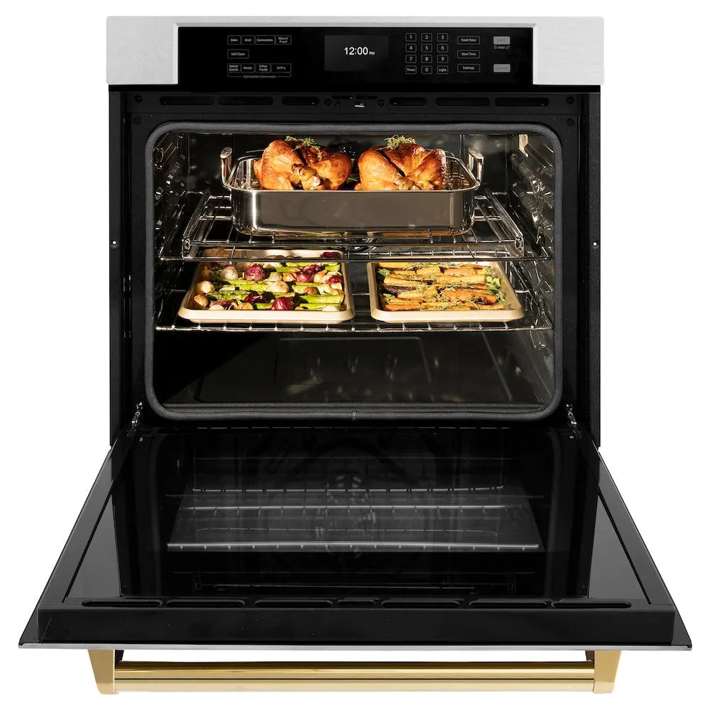 ZLINE Autograph Edition Professional 30-inch wall oven in satin stainless steel and polished gold accents WASSZ-30-G, front view