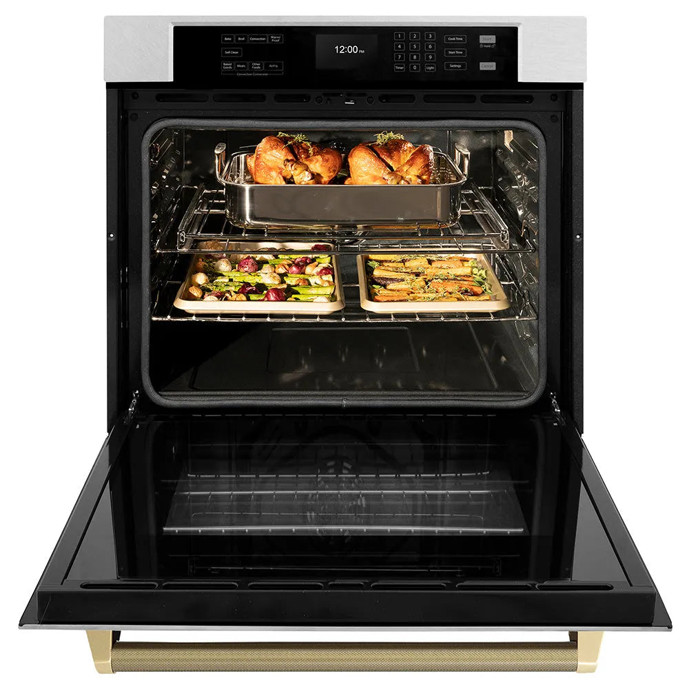 ZLINE Autograph Edition Professional 30-inch wall oven in satin stainless steel and champagne bronze accents WASSZ-30-KCB, front view