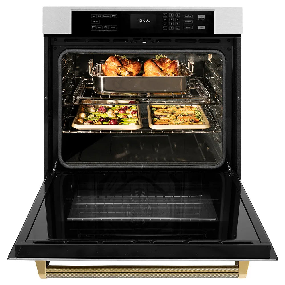 ZLINE Autograph Edition Professional 30-inch wall oven in satin stainless steel and polished gold accents WASSZ-30-KG, front view