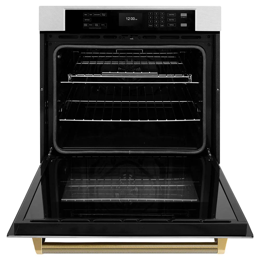 ZLINE Autograph Edition Professional 30-inch wall oven in satin stainless steel and polished gold accents WASSZ-30-KG, front view