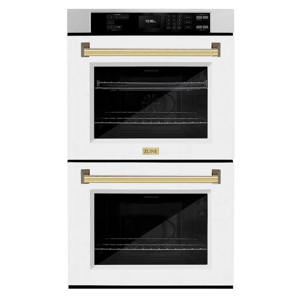 ZLINE Autograph Edition Professional 30-inch wall oven in satin stainless steel with white matte door and polished gold accents WADSZ-WM-30-G