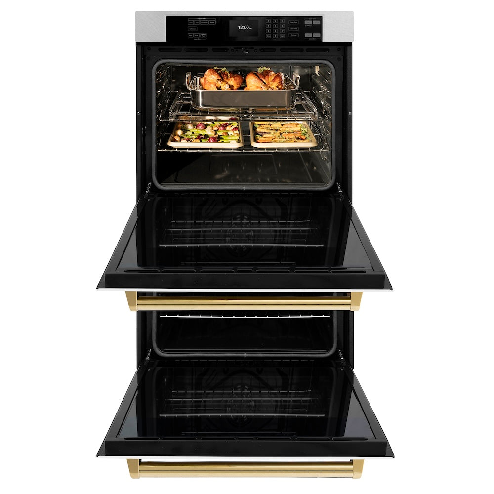 ZLINE Autograph Edition Professional 30-inch wall oven in satin stainless steel with white matte door and polished gold accents WADSZ-WM-30-G, front view