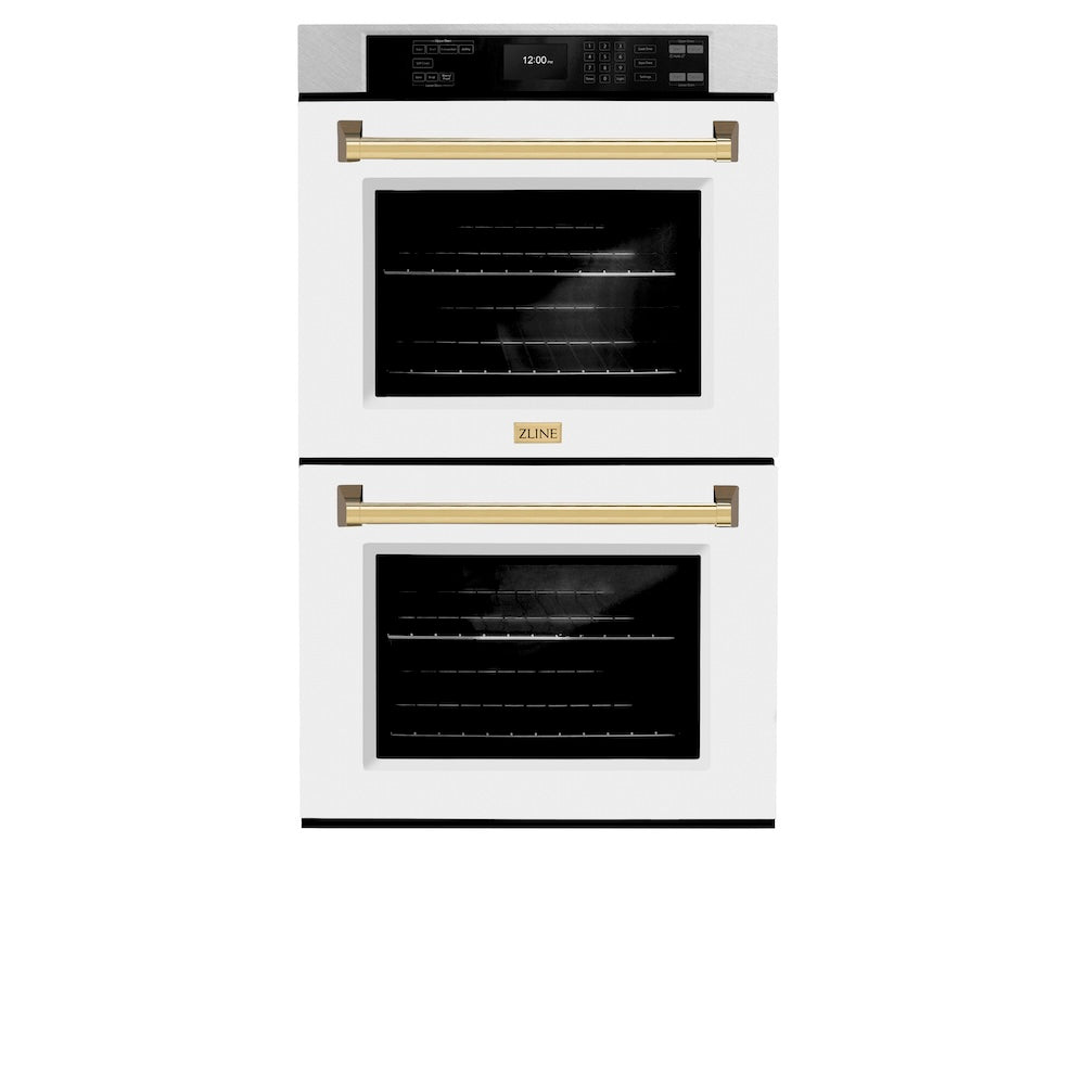 ZLINE Autograph Edition Professional 30-inch wall oven in satin stainless steel with white matte door and polished gold accents WADSZ-WM-30-G, front view