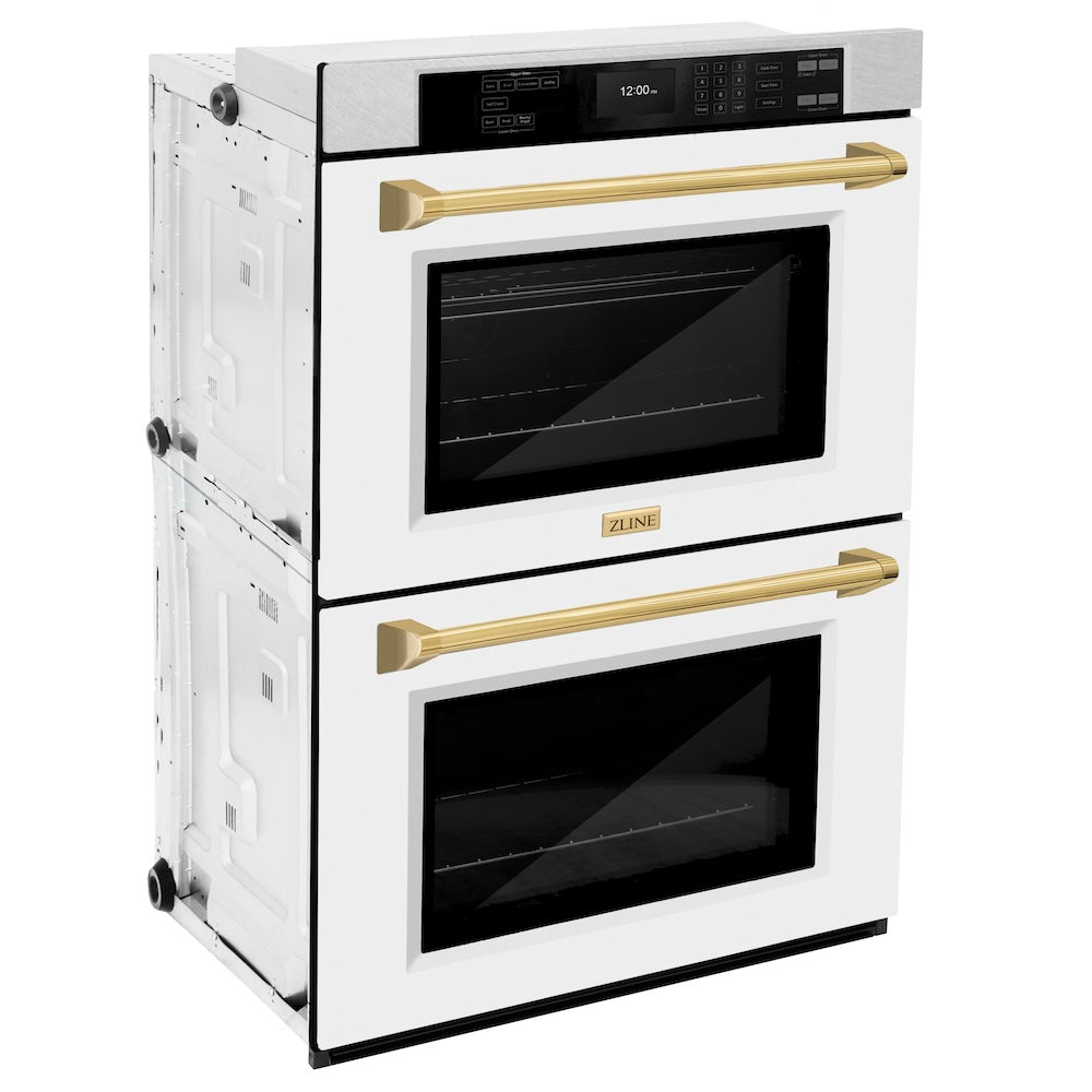 ZLINE Autograph Edition Professional 30-inch wall oven in satin stainless steel with white matte door and polished gold accents WADSZ-WM-30-G, side view