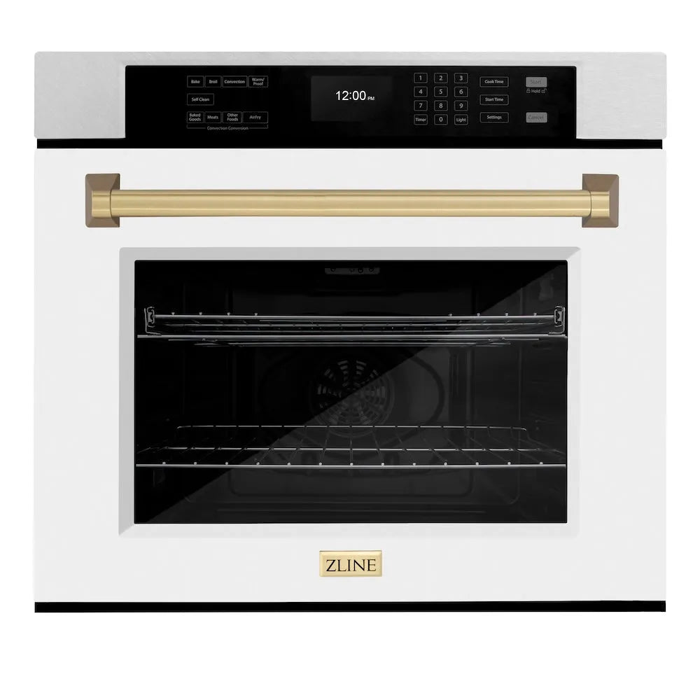 ZLINE Autograph Edition Professional 30-inch wall oven in satin stainless steel with white matte door and champagne bronze accents WASSZ-WM-30-CB