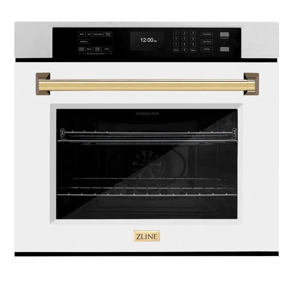 ZLINE Autograph Edition Professional 30-inch wall oven in satin stainless steel with white matte door and polished gold accents WASSZ-WM-30-G