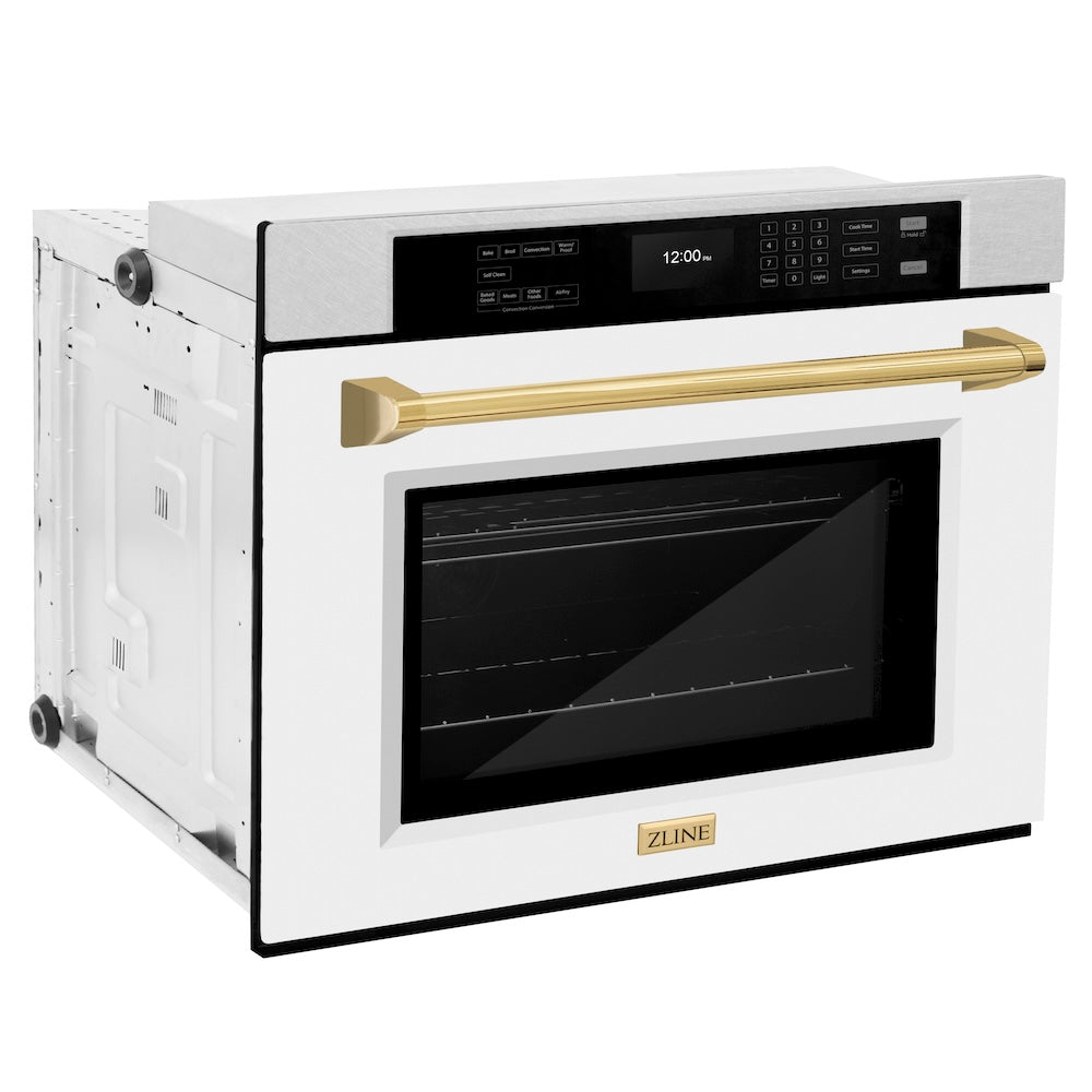 ZLINE Autograph Edition Professional 30-inch wall oven in satin stainless steel with white matte door and polished gold accents WASSZ-WM-30-G, side view