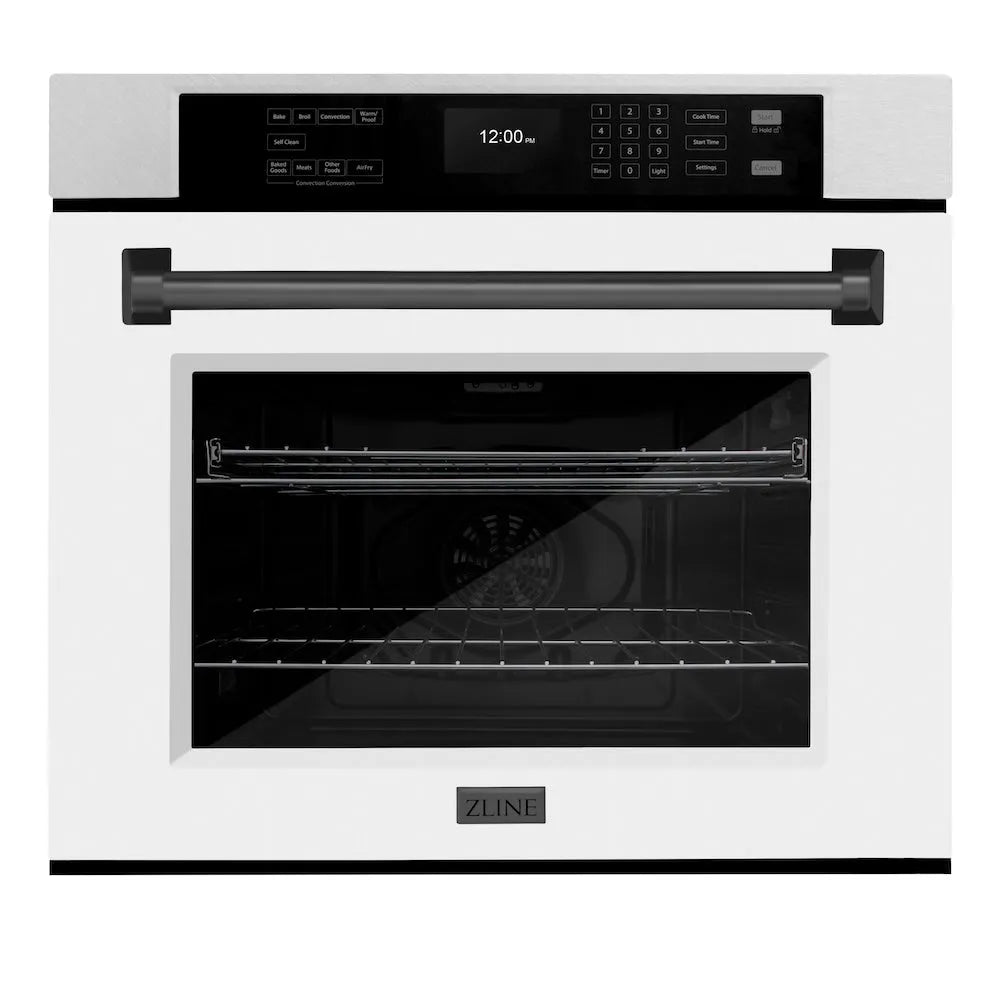 ZLINE Autograph Edition Professional 30-inch wall oven in satin stainless steel with white matte door and matte black accents WASSZ-WM-30-MB