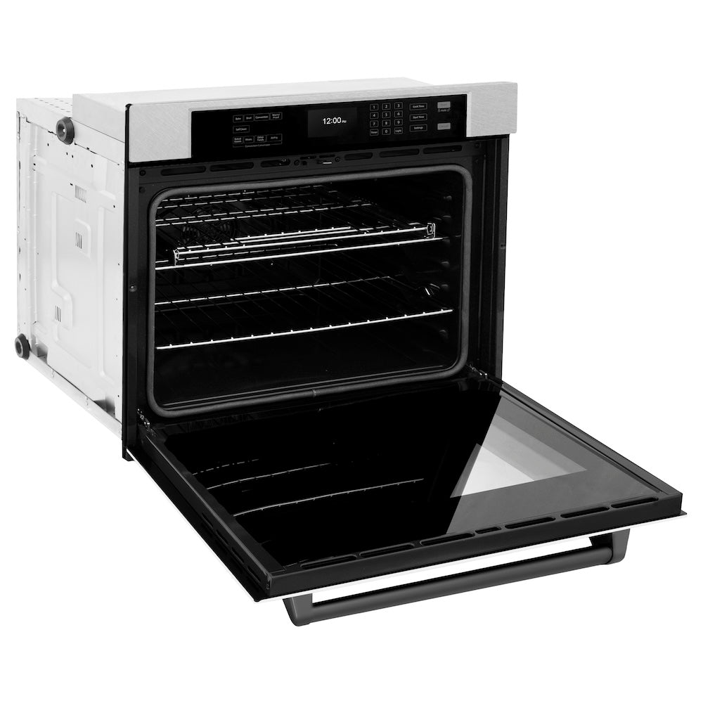 ZLINE Autograph Edition Professional 30-inch wall oven in satin stainless steel with white matte door and matte black accents WASSZ-WM-30-MB, door open