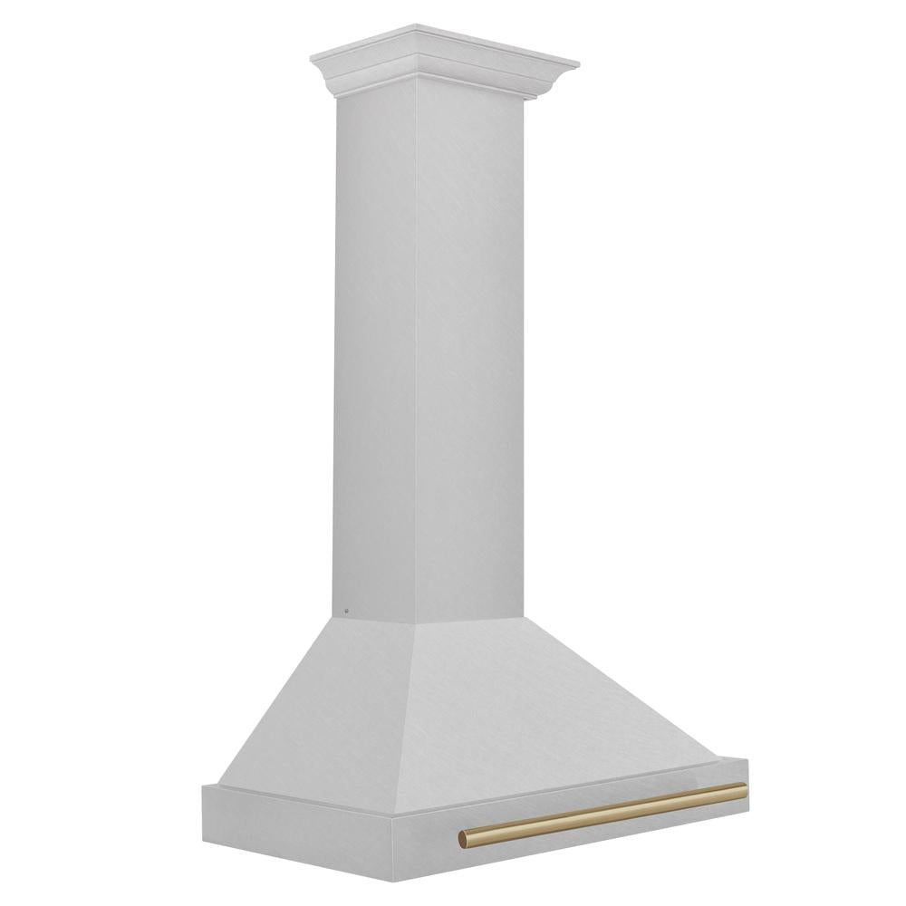 ZLINE Autograph Edition 30-inch range hood in satin stainless steel and champagne bronze accents KB4SNZ-30-CB, side view
