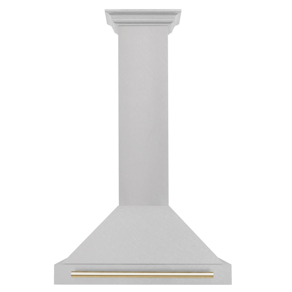 ZLINE Autograph Edition 30-inch range hood in satin stainless steel and polished gold accents KB4SNZ-30-G, front view