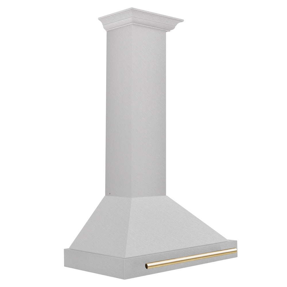 ZLINE Autograph Edition 30-inch range hood in satin stainless steel and polished gold accents KB4SNZ-30-G, side view