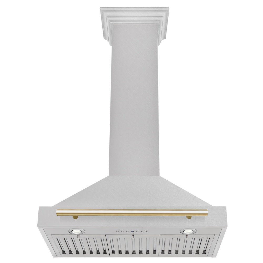 ZLINE Autograph Edition 30-inch range hood in satin stainless steel and polished gold accents KB4SNZ-30-G, view 6