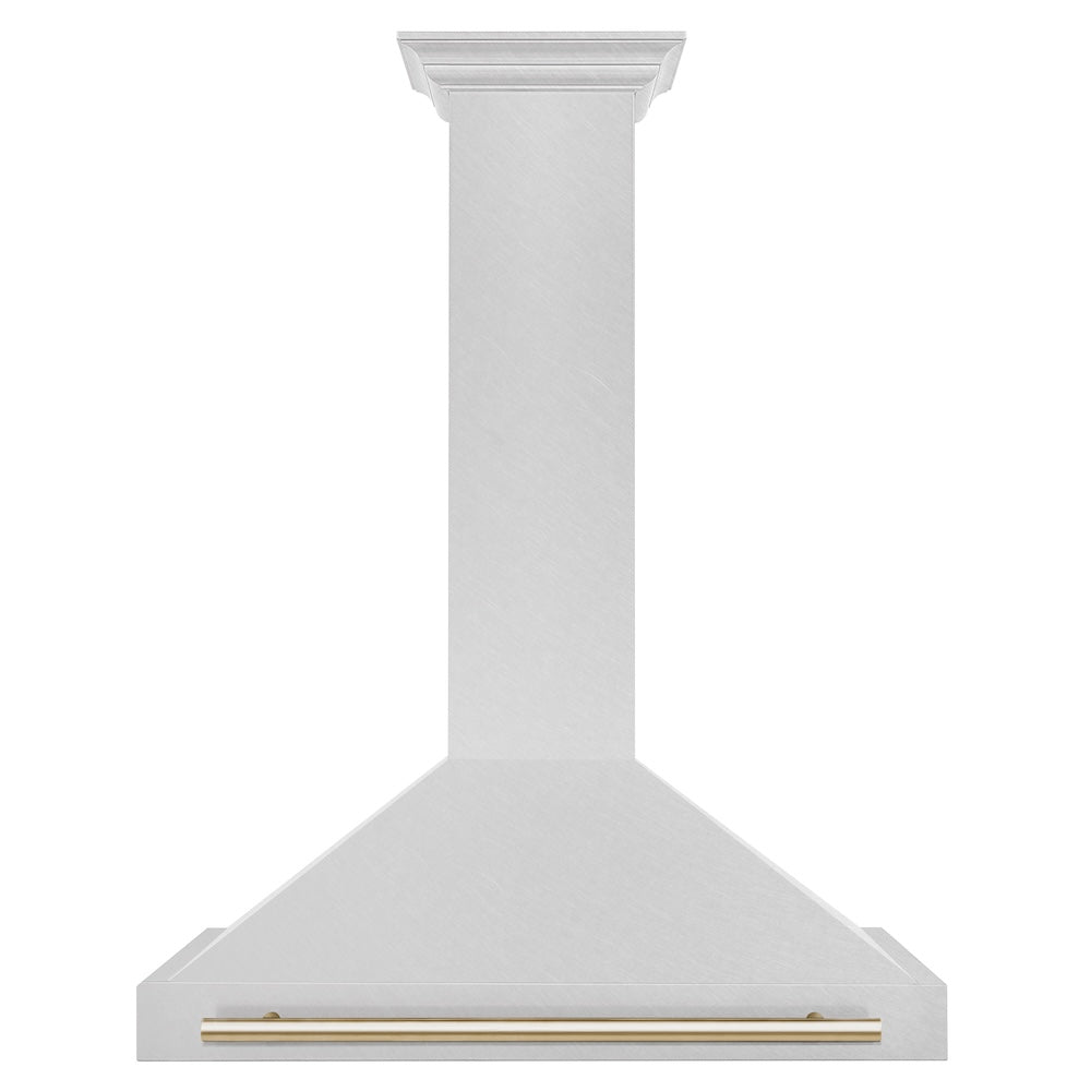 ZLINE Autograph Edition 36-inch range hood in satin stainless steel and polished gold accents KB4SNZ-36-G, front view