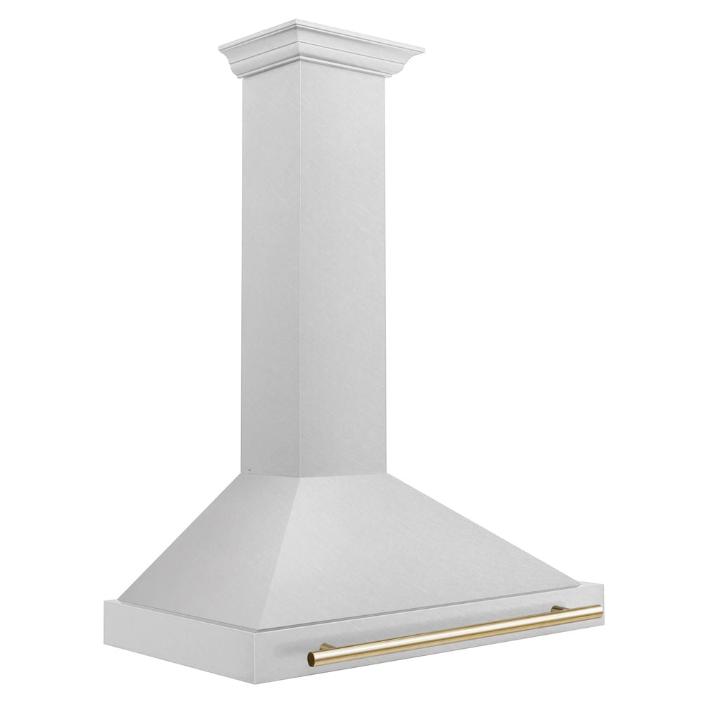 ZLINE Autograph Edition 36-inch range hood in satin stainless steel and polished gold accents KB4SNZ-36-G, side view
