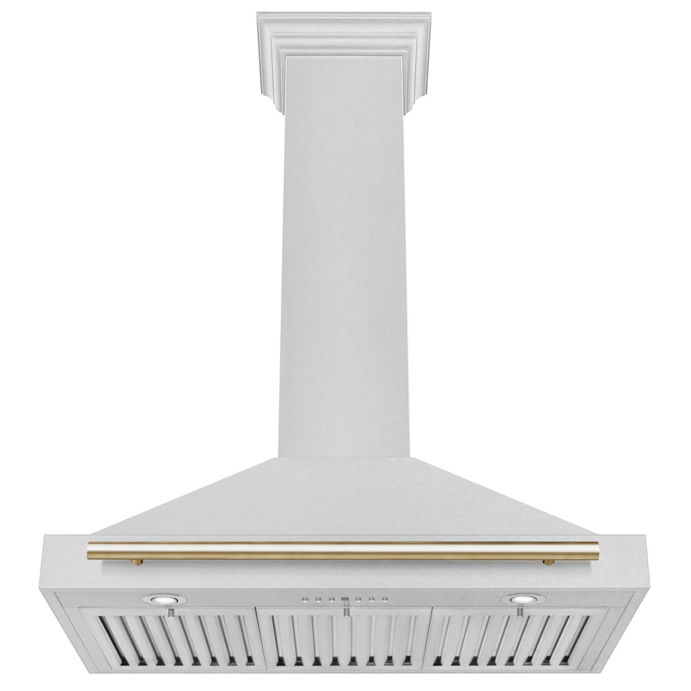 ZLINE Autograph Edition 36-inch range hood in satin stainless steel and polished gold accents KB4SNZ-36-G, view 3