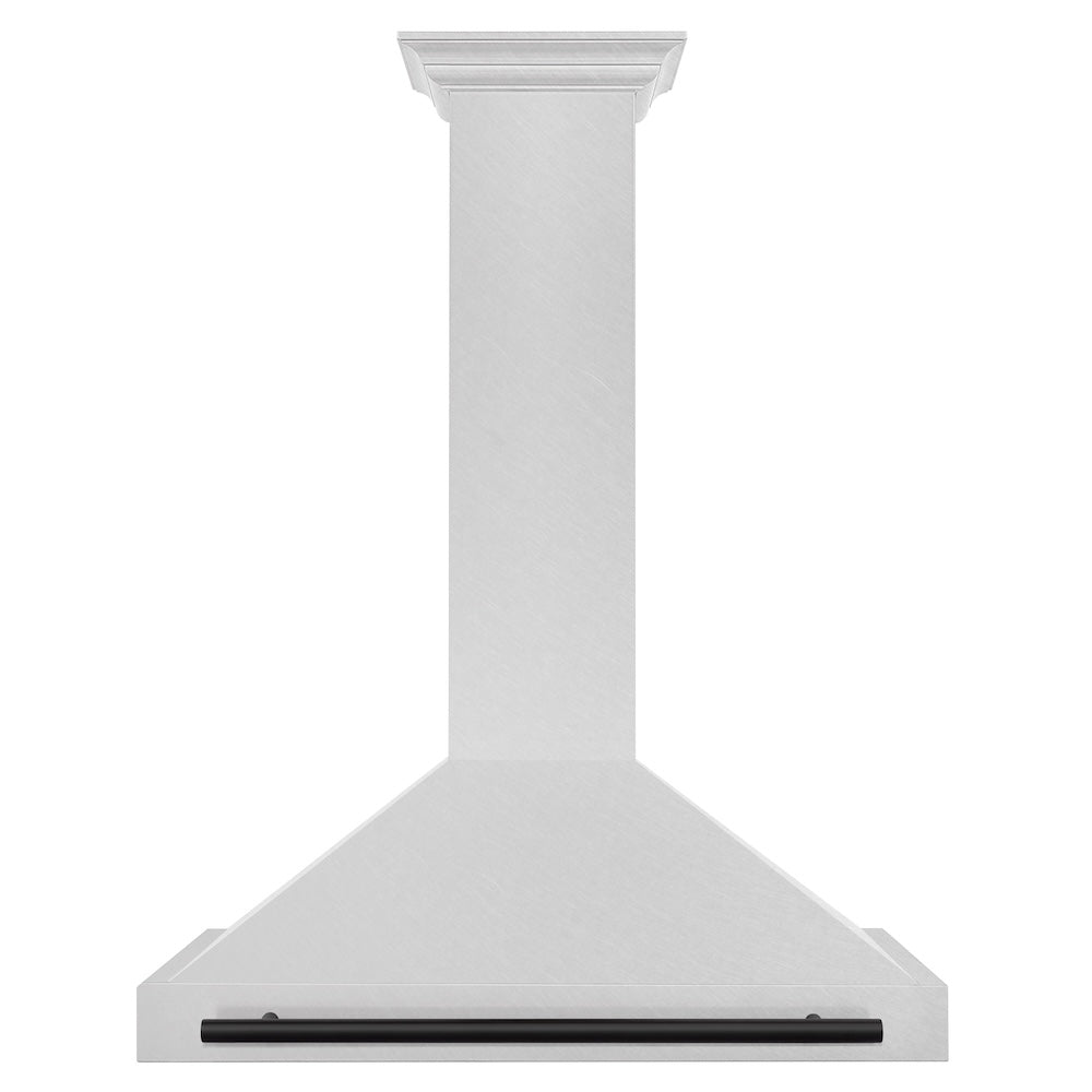 ZLINE Autograph Edition 36-inch range hood in satin stainless steel and matte black accents KB4SNZ-36-MB, front view