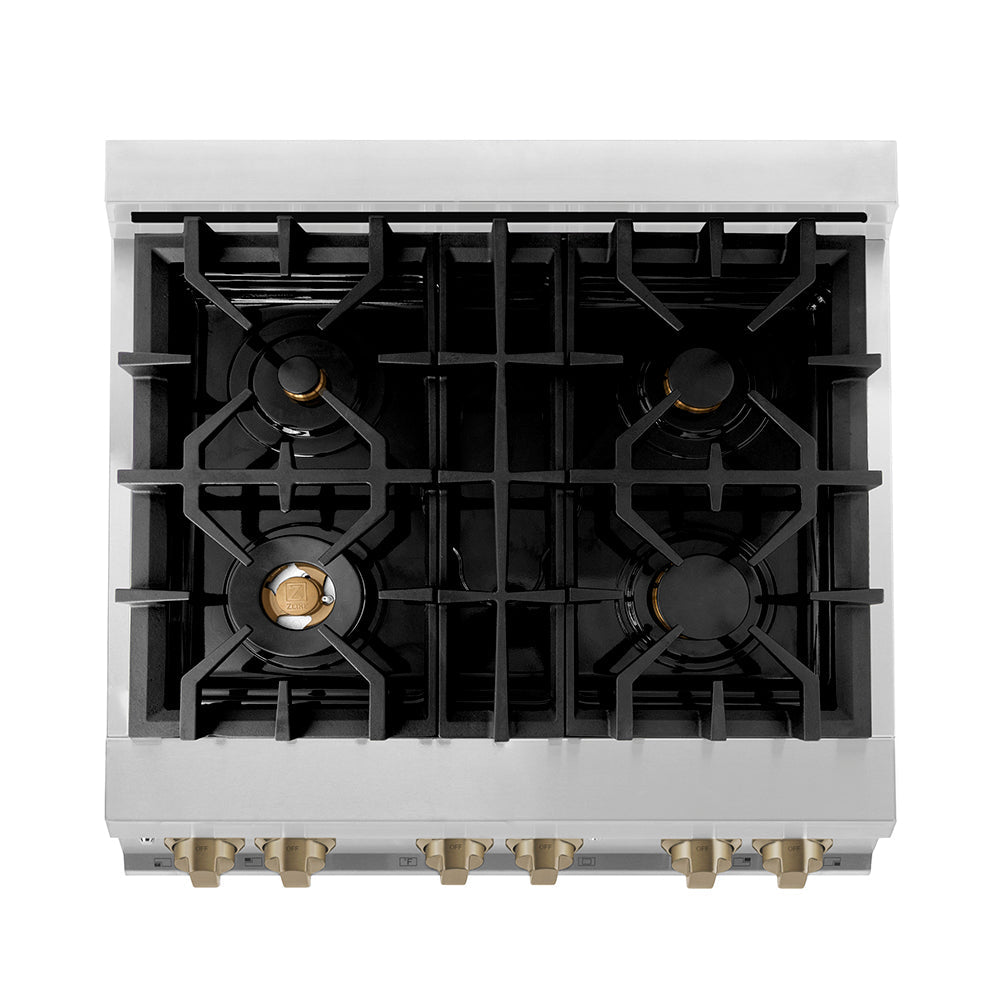 ZLINE Autograph Edition Legacy 30-inch range in stainless steel and champagne bronze accents RAZ-30-CB, from above