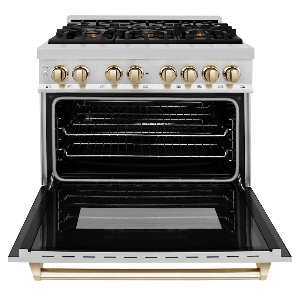 ZLINE Autograph Edition Legacy 36-inch range in stainless steel and polished gold accents RAZ-36-G, front view