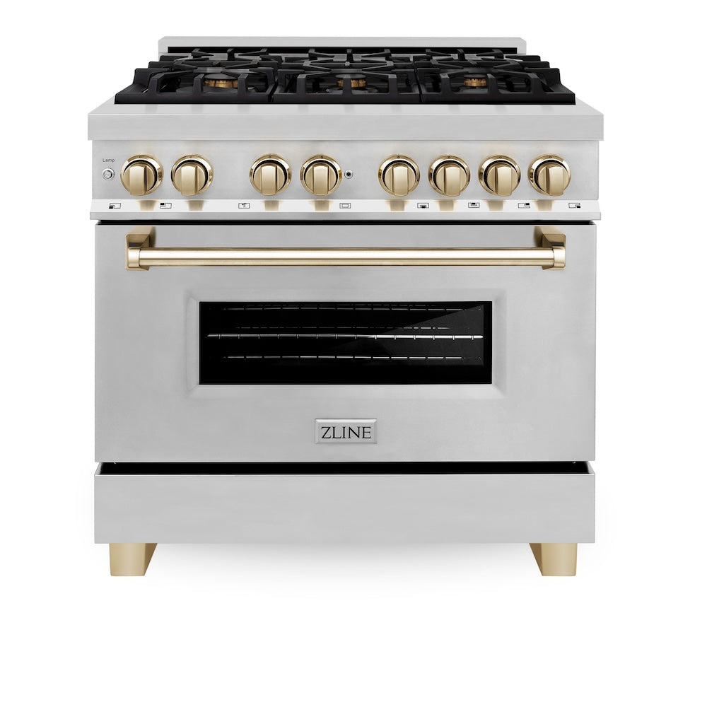 ZLINE Autograph Edition Legacy 36-inch range in stainless steel and polished gold accents RAZ-36-G, front view