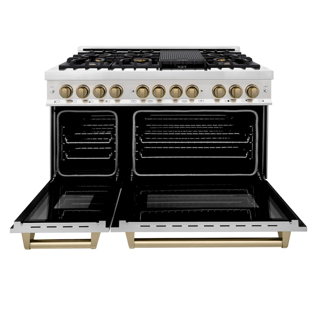 ZLINE Autograph Edition Legacy 48-inch range in stainless steel and champagne bronze accents RAZ-48-CB, front view