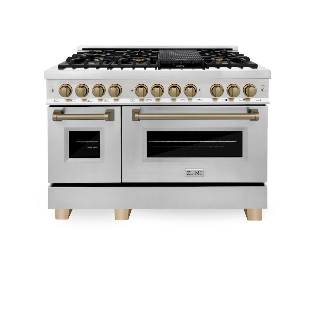 ZLINE Autograph Edition Legacy 48-inch range in stainless steel and champagne bronze accents RAZ-48-CB, front view