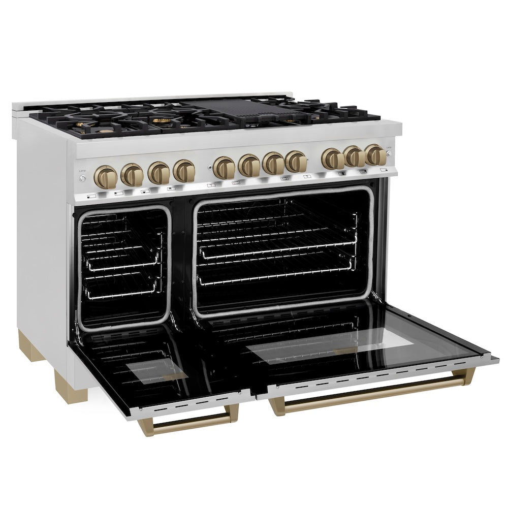 ZLINE Autograph Edition Legacy 48-inch range in stainless steel and champagne bronze accents RAZ-48-CB, door open