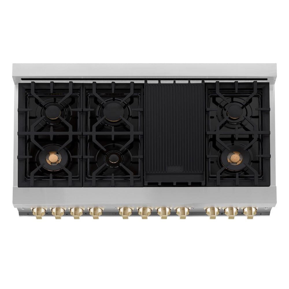 ZLINE Autograph Edition Legacy 48-inch range in stainless steel and polished gold accents RAZ-48-G, from above