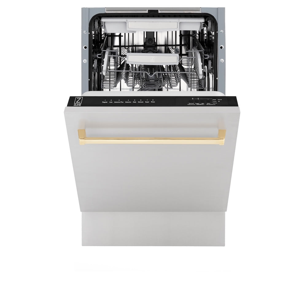 ZLINE Autograph Edition Tallac 18-inch dishwasher in stainless steel and polished gold accents DWVZ-304-18-G, front view
