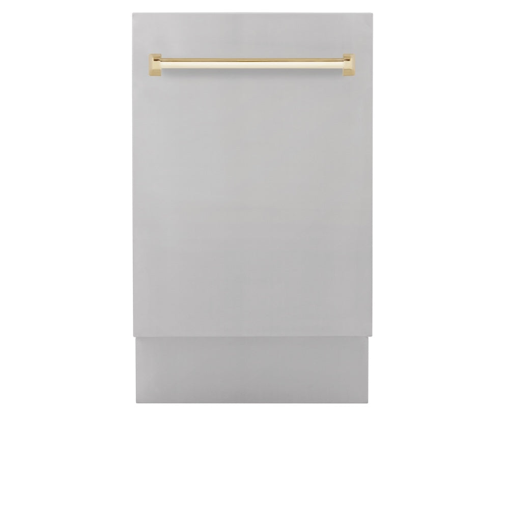 ZLINE Autograph Edition Tallac 18-inch dishwasher in stainless steel and polished gold accents DWVZ-304-18-G, front view