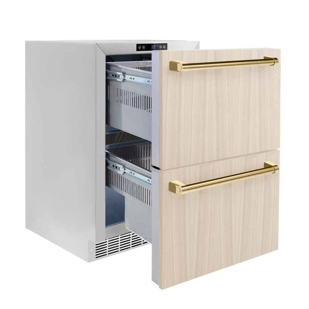 ZLINE Autograph Edition Touchstone 24-inch refrigerator, panel ready and polished gold accents RDSPOZ-24-G, door open