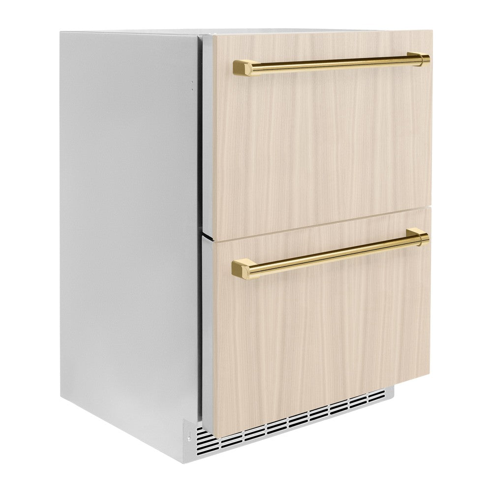 ZLINE Autograph Edition Touchstone 24-inch refrigerator, panel ready and polished gold accents RDSPOZ-24-G, side view
