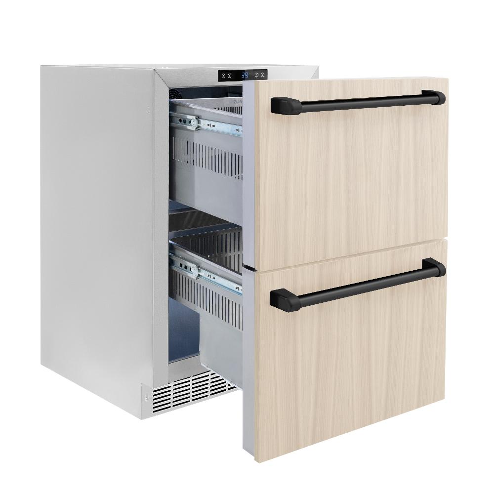 ZLINE Autograph Edition Touchstone 24-inch refrigerator, panel ready and matte black accents RDSPOZ-24-MB, door open