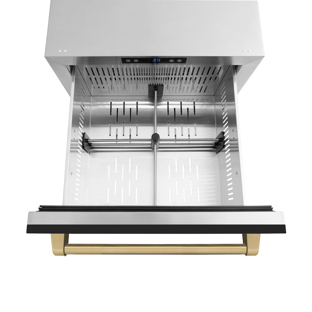 ZLINE Autograph Edition Touchstone 24-inch refrigerator in black matte and champagne bronze accents RDSOZ-BLM-24-CB, detail