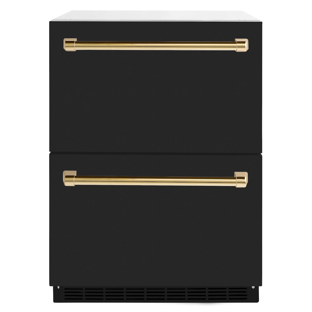 ZLINE Autograph Edition Touchstone 24-inch refrigerator in black matte and polished gold accents RDSOZ-BLM-24-G