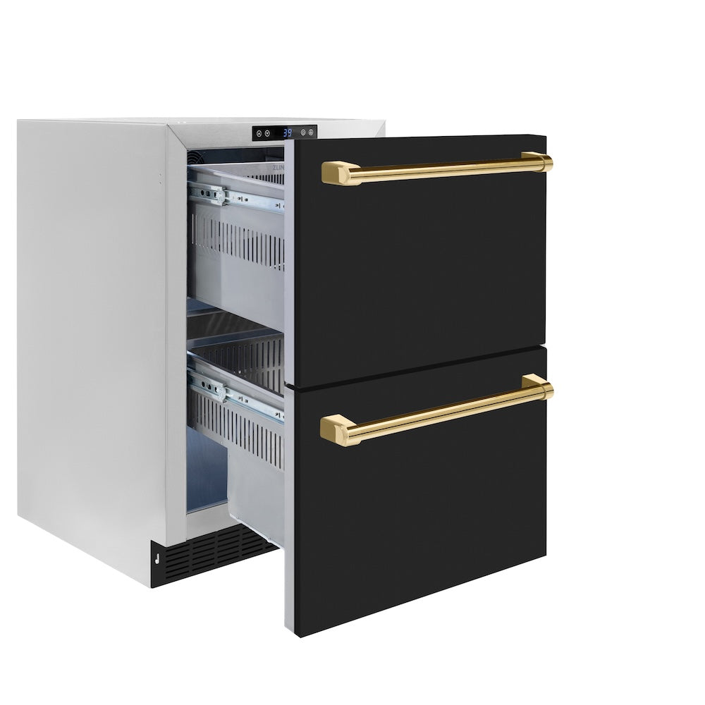 ZLINE Autograph Edition Touchstone 24-inch refrigerator in black matte and polished gold accents RDSOZ-BLM-24-G, door open