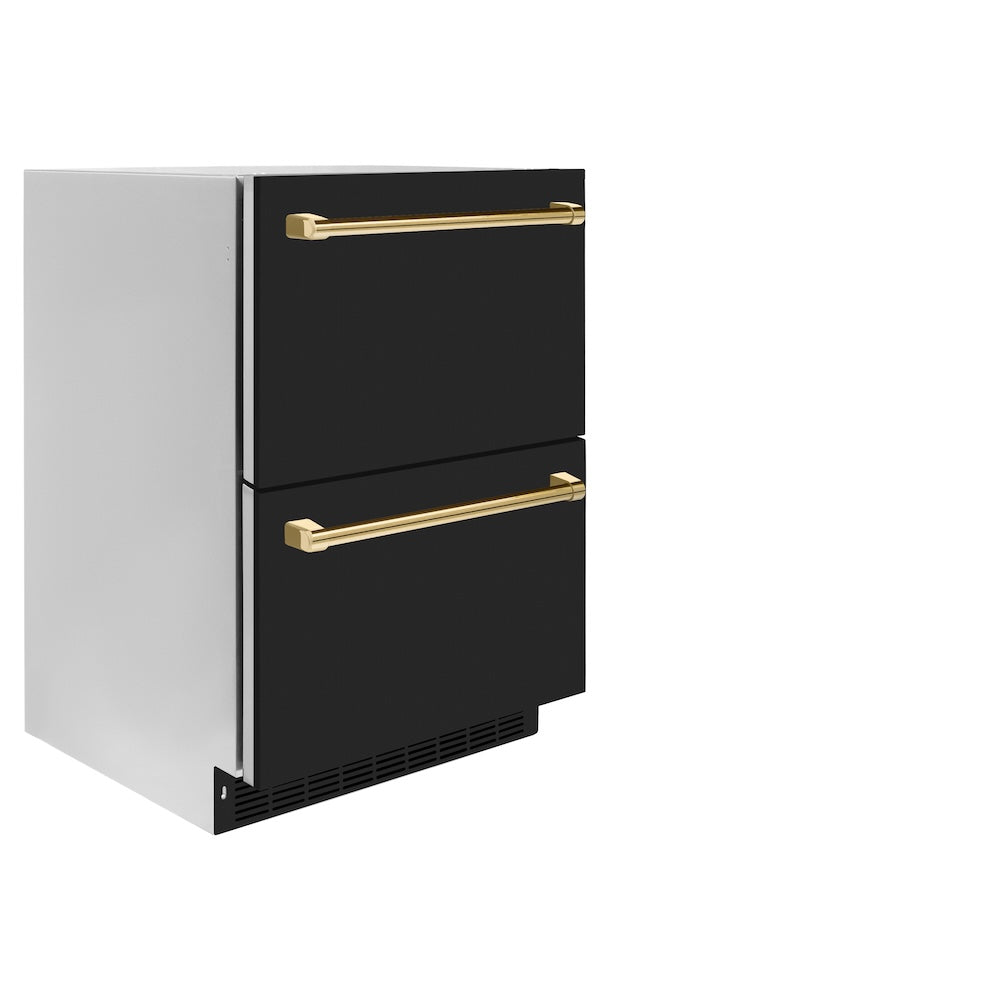 ZLINE Autograph Edition Touchstone 24-inch refrigerator in black matte and polished gold accents RDSOZ-BLM-24-G, side view