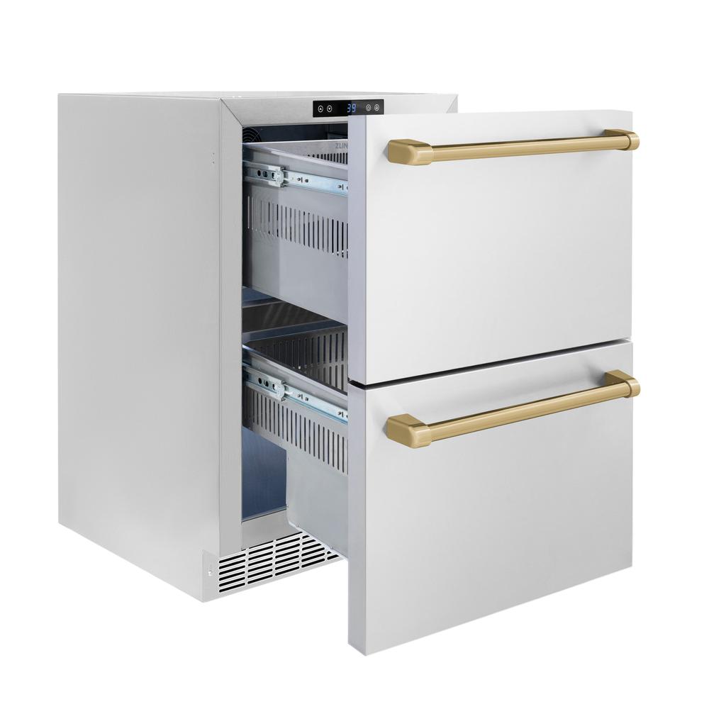 ZLINE Autograph Edition Touchstone 24-inch refrigerator in stainless steel and champagne bronze accents RDSOZ-ST-24-CB, door open