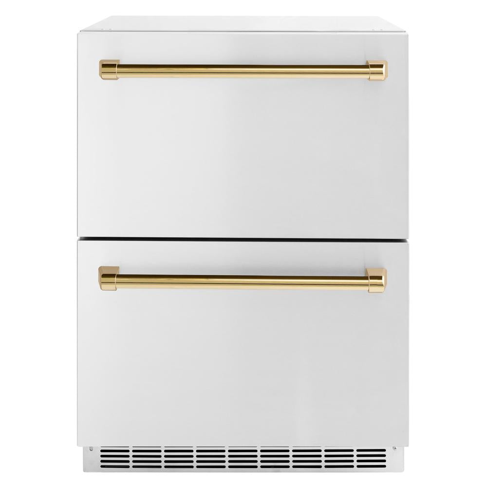 ZLINE Autograph Edition Touchstone 24-inch refrigerator in stainless steel and polished gold accents RDSOZ-ST-24-G