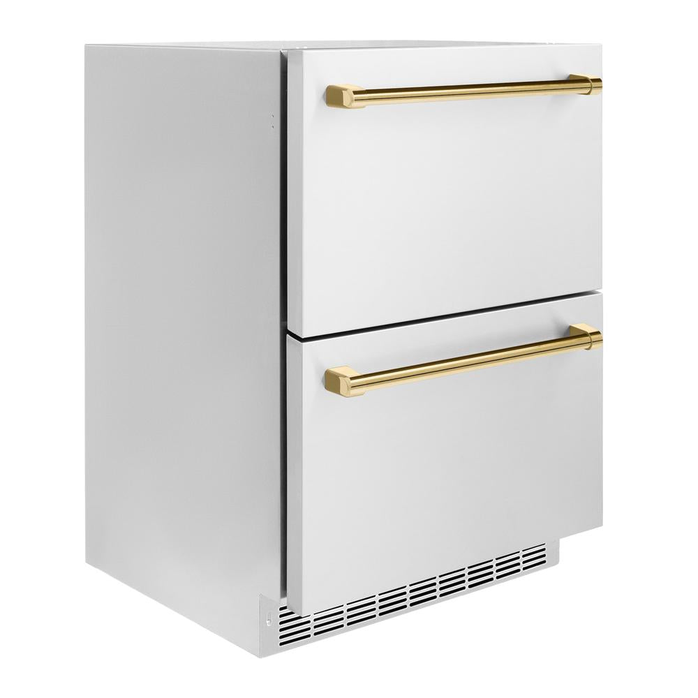ZLINE Autograph Edition Touchstone 24-inch refrigerator in stainless steel and polished gold accents RDSOZ-ST-24-G, side view
