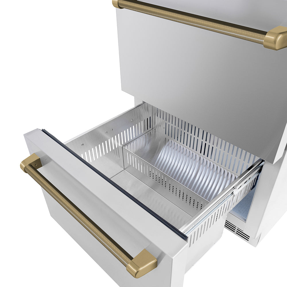 ZLINE Autograph Edition Touchstone 24-inch refrigerator in stainless steel and champagne bronze accents RDSOZ-ST-24-KCB, detail
