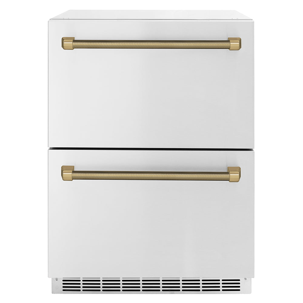 ZLINE Autograph Edition Touchstone 24-inch refrigerator in stainless steel and champagne bronze accents RDSOZ-ST-24-KCB
