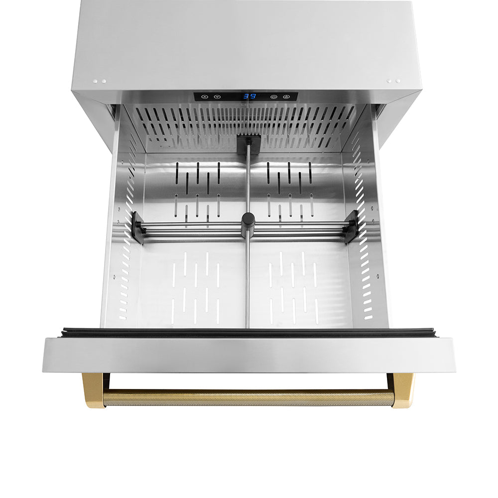 ZLINE Autograph Edition Touchstone 24-inch refrigerator in stainless steel and polished gold accents RDSOZ-ST-24-KG, detail