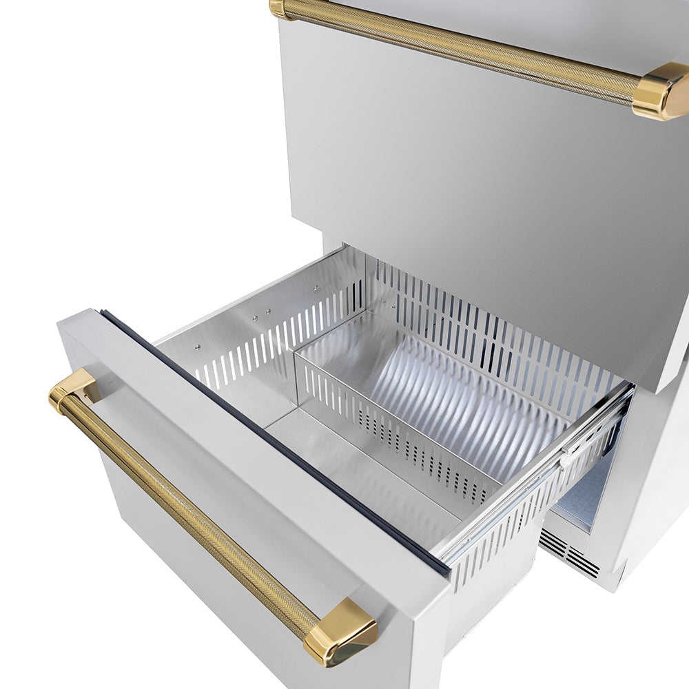 ZLINE Autograph Edition Touchstone 24-inch refrigerator in stainless steel and polished gold accents RDSOZ-ST-24-KG, detail