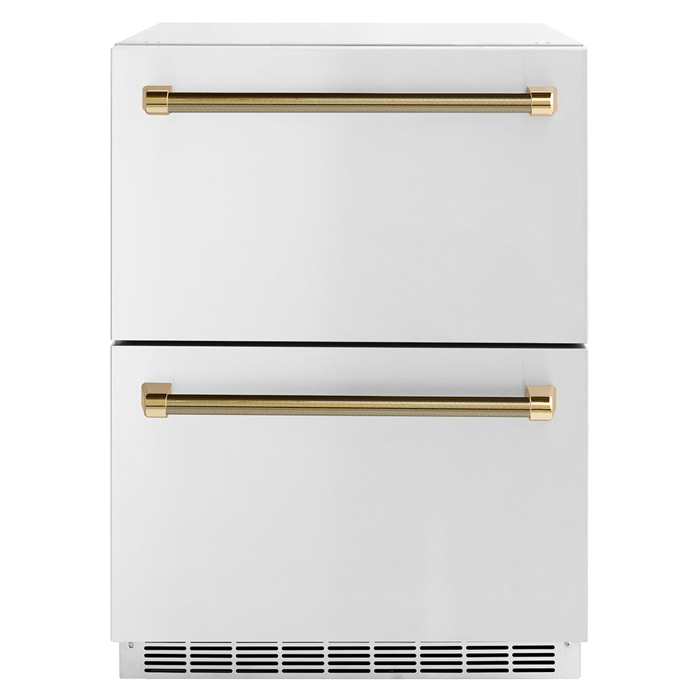 ZLINE Autograph Edition Touchstone 24-inch refrigerator in stainless steel and polished gold accents RDSOZ-ST-24-KG