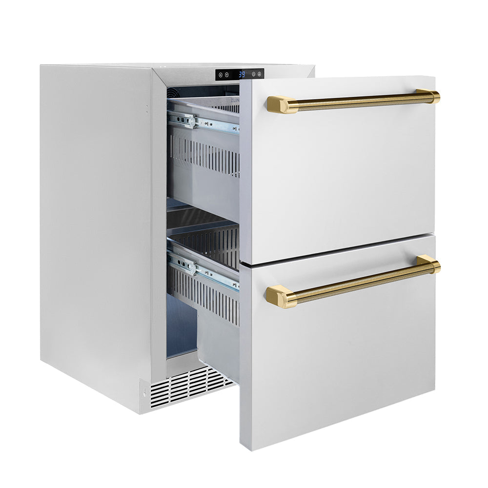 ZLINE Autograph Edition Touchstone 24-inch refrigerator in stainless steel and polished gold accents RDSOZ-ST-24-KG, door open