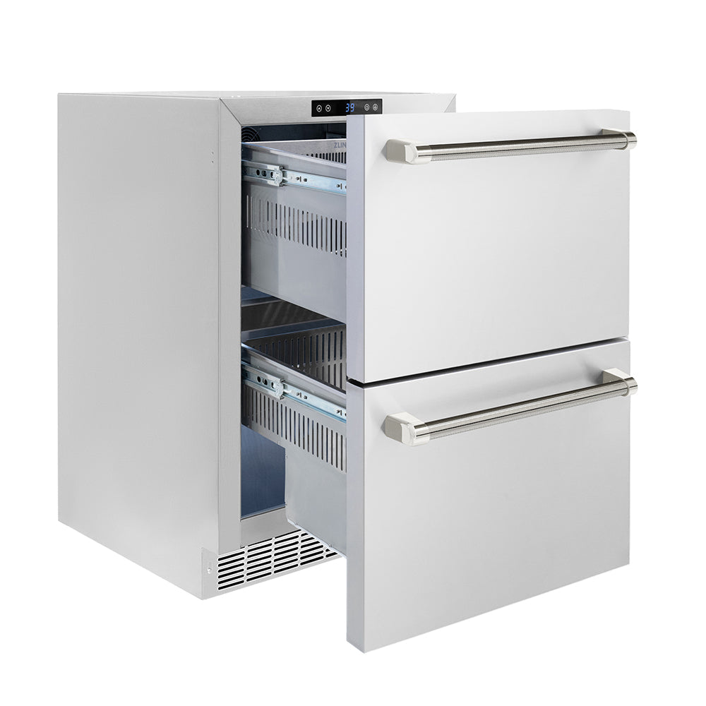 ZLINE Autograph Edition Touchstone 24-inch refrigerator in stainless steel and polished nickel accents RDSOZ-ST-24-KPN, door open