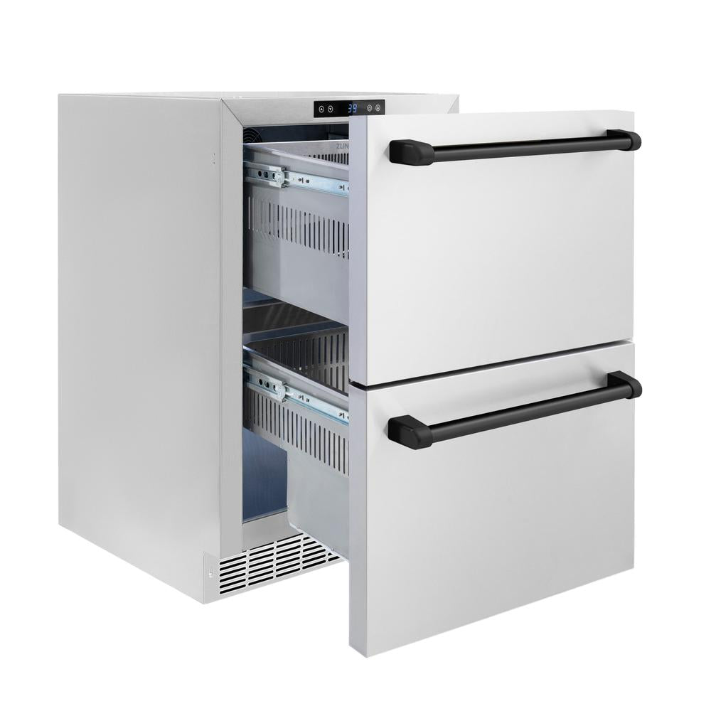 ZLINE Autograph Edition Touchstone 24-inch refrigerator in stainless steel and matte black accents RDSOZ-ST-24-MB, door open